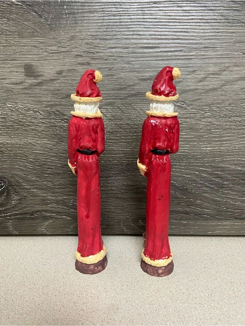 Vintage Santa Claus Figurine Set of 2 Skinny Pencil Tall Red Standing Pair